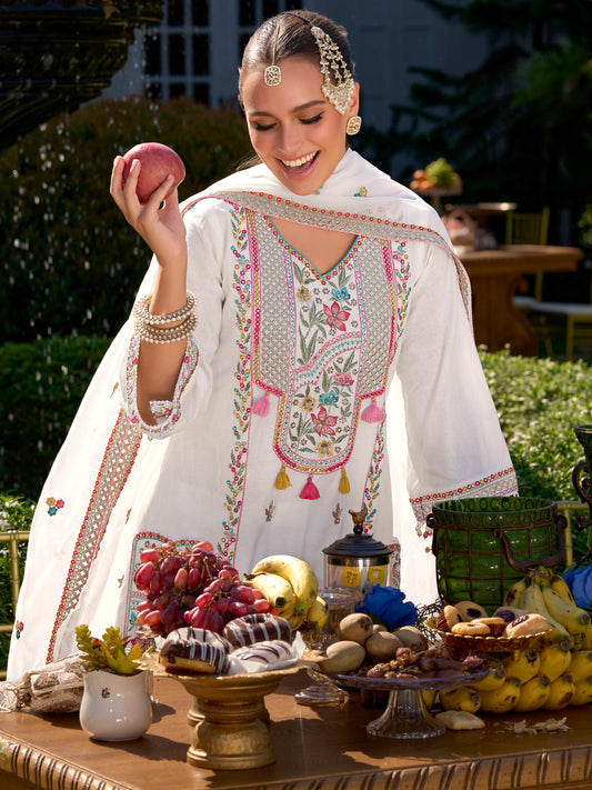 Indo Era Off White Embroidered A-Line Kurta Trousers With Dupatta Set
