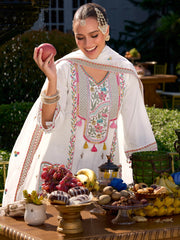 Indo Era Off White Embroidered A-Line Kurta Trousers With Dupatta Set
