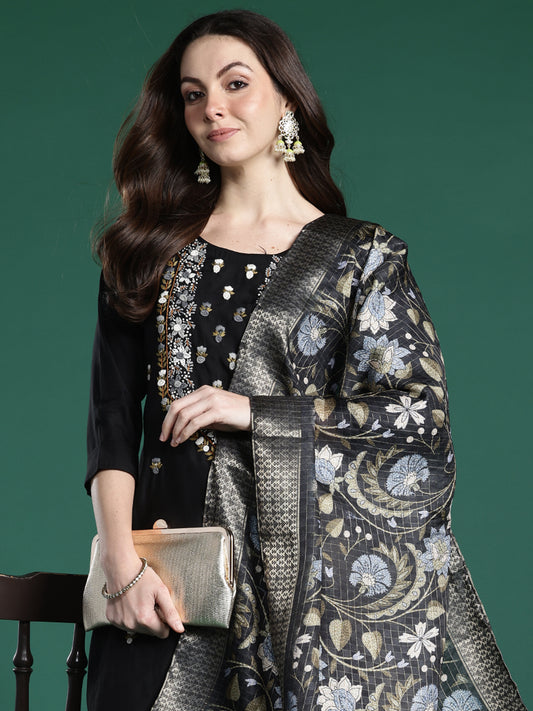 Indo Era Black Embroidered Straight Kurta Trousers With Dupatta Set