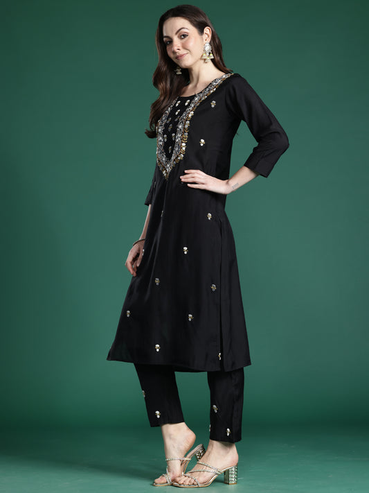Indo Era Black Embroidered Straight Kurta Trousers With Dupatta Set