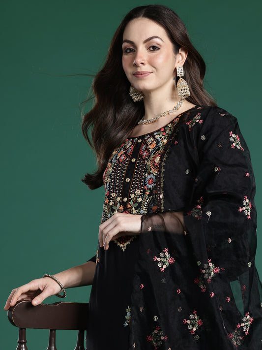 Indo Era Black Embroidered Straight Kurta Trousers With Dupatta Set