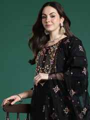 Indo Era Black Embroidered Straight Kurta Trousers With Dupatta Set