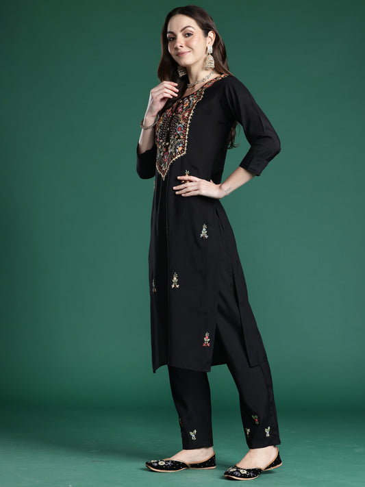 Indo Era Black Embroidered Straight Kurta Trousers With Dupatta Set