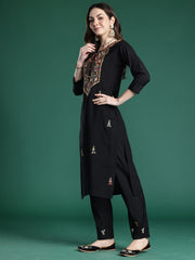 Indo Era Black Embroidered Straight Kurta Trousers With Dupatta Set