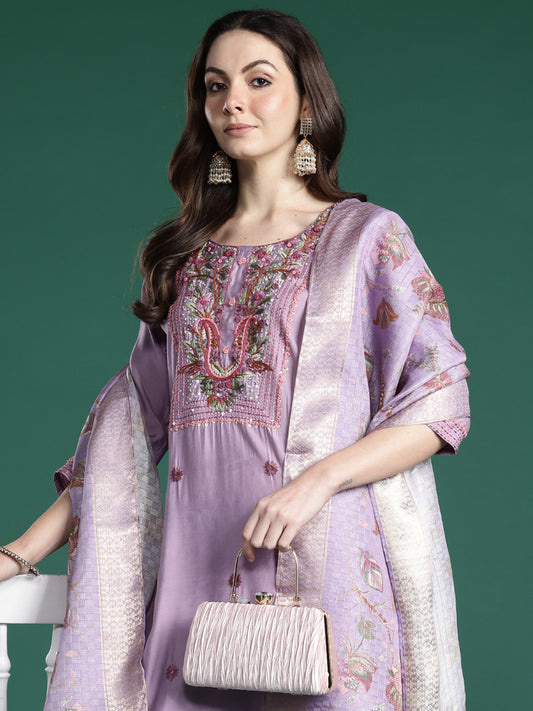 Indo Era Lavender Embroidered Straight Kurta Trousers With Dupatta Set