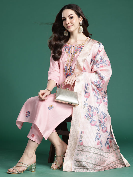 Indo Era Mauve Embroidered Straight Kurta Trousers With Dupatta Set