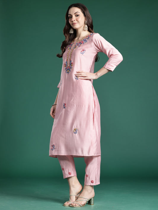 Indo Era Mauve Embroidered Straight Kurta Trousers With Dupatta Set