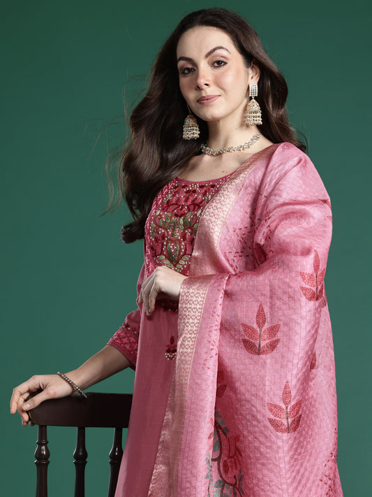 Indo Era Pink Embroidered Straight Kurta Trousers With Dupatta Set