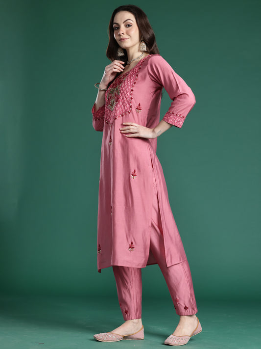Indo Era Pink Embroidered Straight Kurta Trousers With Dupatta Set