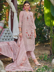 Pink Embroidered Straight Kurta Trousers With Dupatta Set