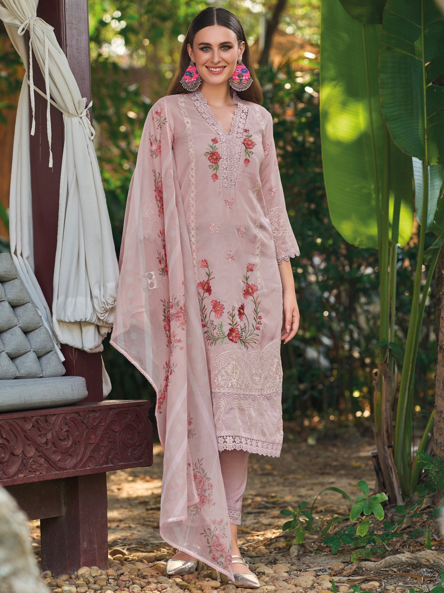 Pink Embroidered Straight Kurta Trousers With Dupatta Set