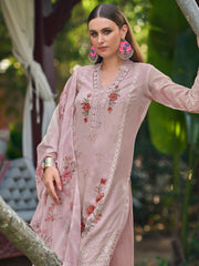 Pink Embroidered Straight Kurta Trousers With Dupatta Set