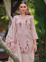 Pink Embroidered Straight Kurta Trousers With Dupatta Set