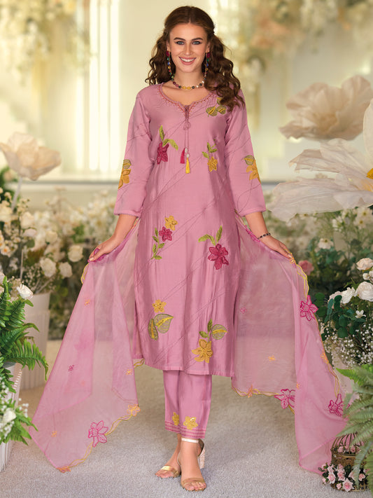 Indo Era Pink Embroidered Straight Kurta Trousers With Dupatta Set