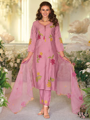 Indo Era Pink Embroidered Straight Kurta Trousers With Dupatta Set