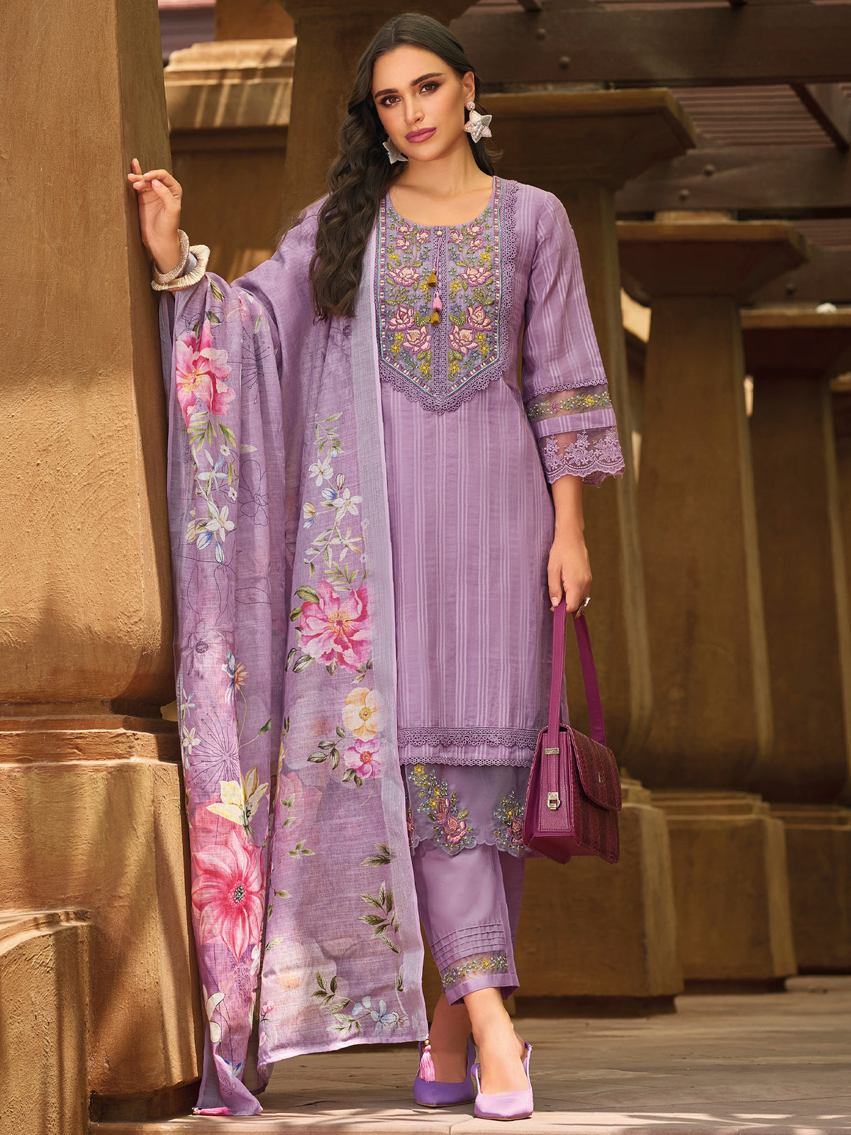 Indo Era Purple Embroidered Straight Kurta Trousers With Dupatta Set