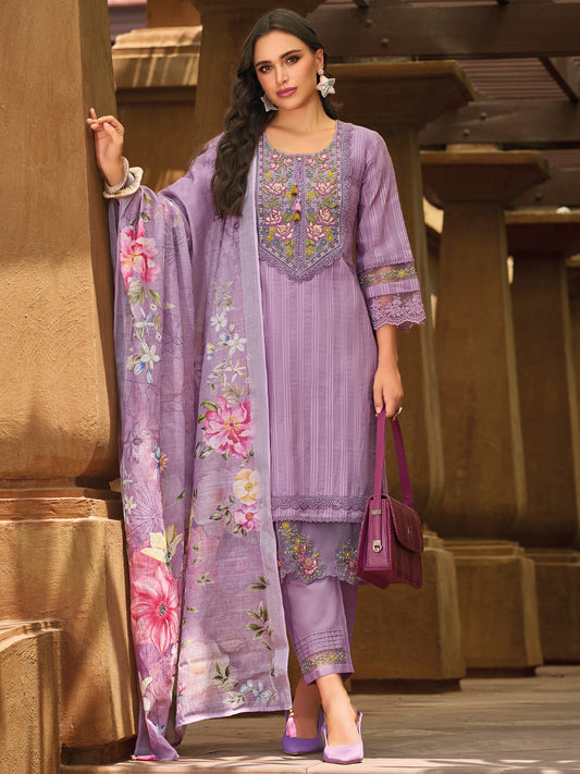 Indo Era Purple Embroidered Straight Kurta Trousers With Dupatta Set