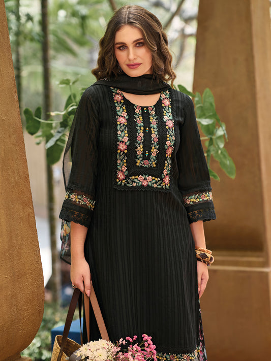 Indo Era Black Embroidered Straight Kurta Trousers With Dupatta Set