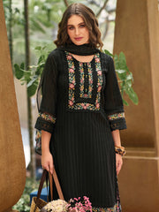 Indo Era Black Embroidered Straight Kurta Trousers With Dupatta Set