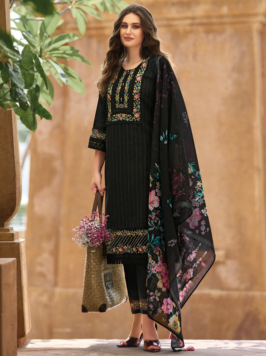 Indo Era Black Embroidered Straight Kurta Trousers With Dupatta Set
