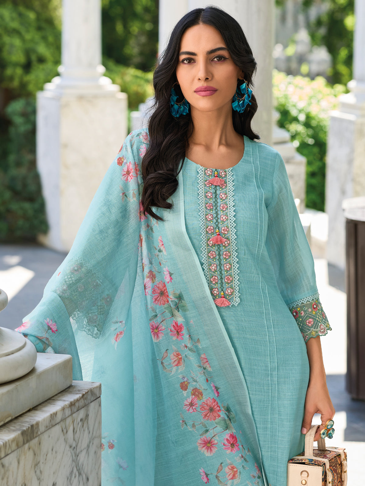 Indo Era Blue Embroidered Straight Kurta Trousers With Dupatta Set