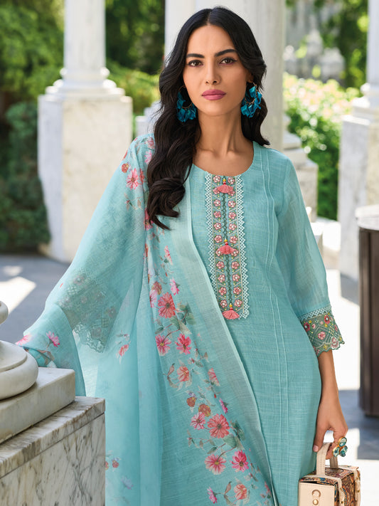 Indo Era Blue Embroidered Straight Kurta Trousers With Dupatta Set