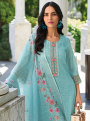Indo Era Blue Embroidered Straight Kurta Trousers With Dupatta Set