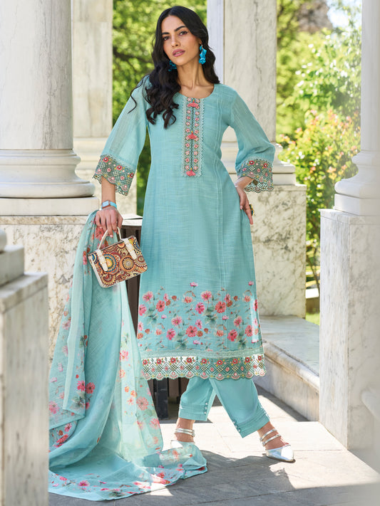 Indo Era Blue Embroidered Straight Kurta Trousers With Dupatta Set