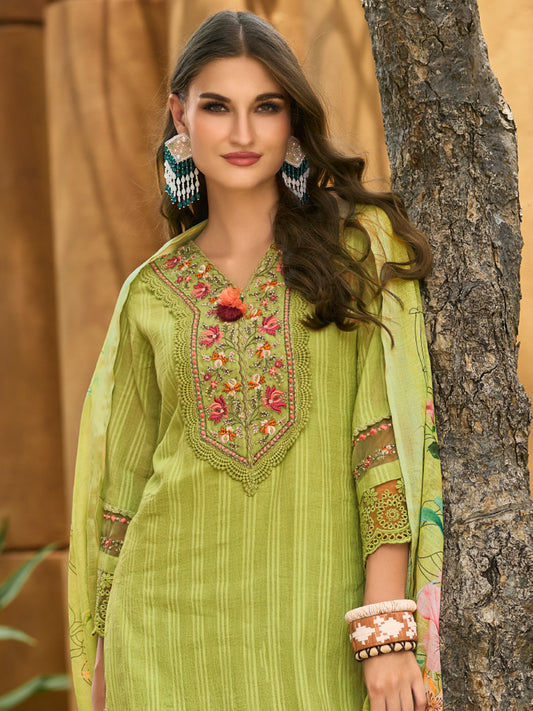 Indo Era Green Embroidered Straight Kurta Trousers With Dupatta Set