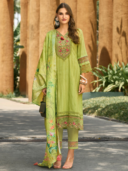 Indo Era Green Embroidered Straight Kurta Trousers With Dupatta Set