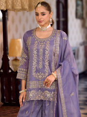 Lavender Embroidered Straight Kurta Palazzos With Dupatta Set