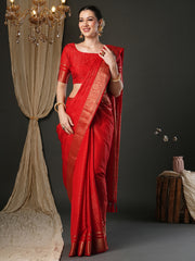 Women's Viscose Red Woven Design Designer Saree With Blouse Piece
