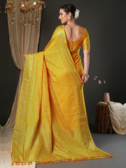 Women's Viscose Yellow Woven Design Designer Saree With Blouse Piece