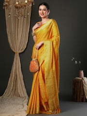 Women's Viscose Yellow Woven Design Designer Saree With Blouse Piece