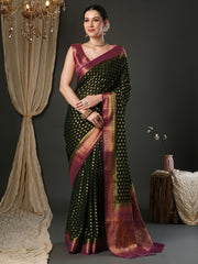 Women's Pure Georgette Green Woven Design Designer Saree With Blouse Piece