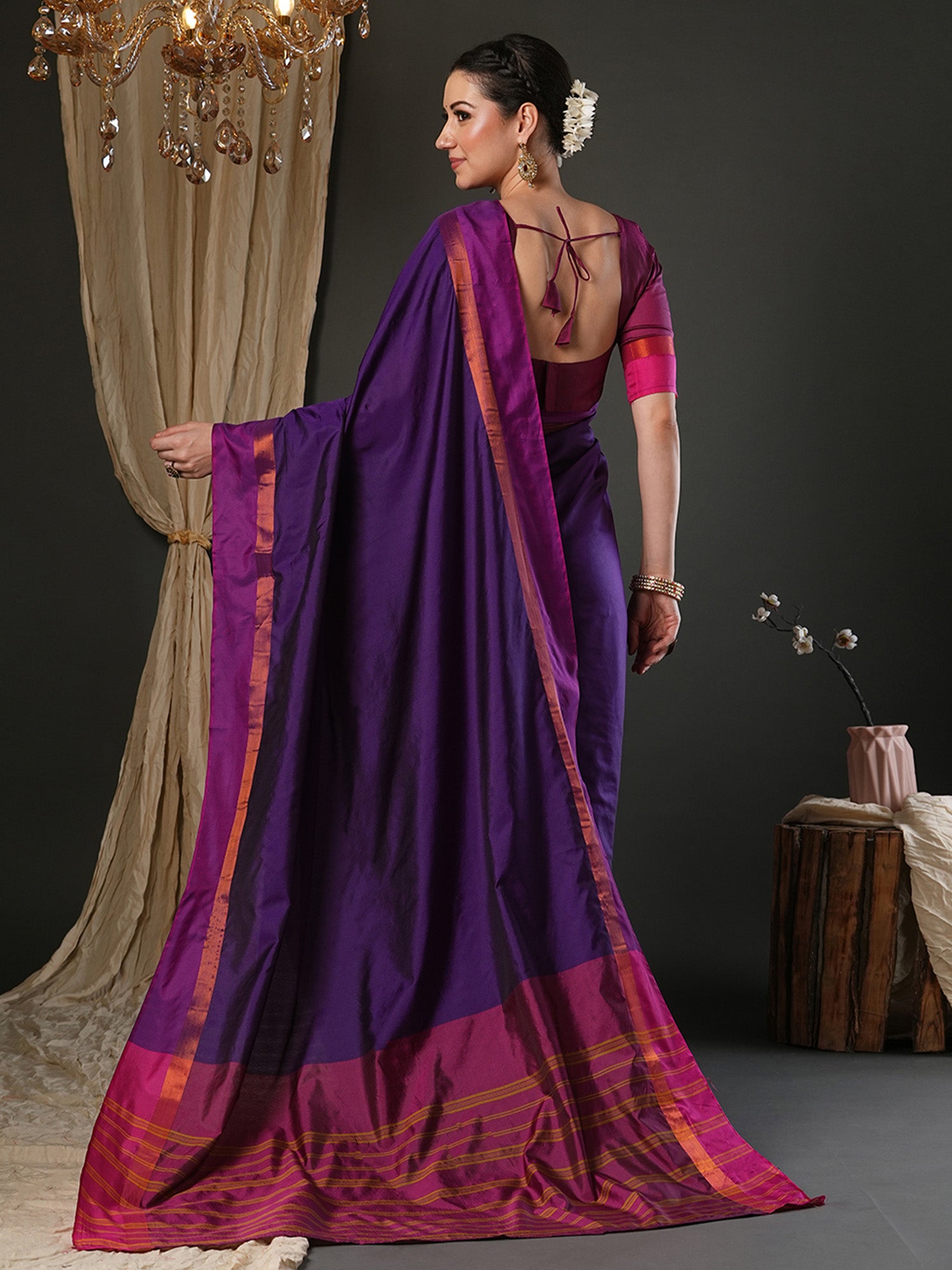 Women's Aura Silk Purple Woven Design Designer Saree With Blouse Piece