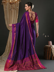 Women's Aura Silk Purple Woven Design Designer Saree With Blouse Piece