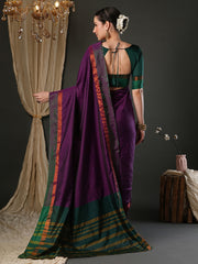 Women's Aura Silk Magenta Woven Design Designer Saree With Blouse Piece