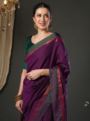 Women's Aura Silk Magenta Woven Design Designer Saree With Blouse Piece