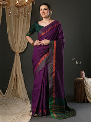 Women's Aura Silk Magenta Woven Design Designer Saree With Blouse Piece