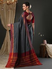 Women's Aura Silk Grey Woven Design Designer Saree With Blouse Piece