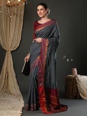 Women's Aura Silk Grey Woven Design Designer Saree With Blouse Piece
