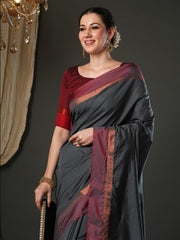 Women's Aura Silk Grey Woven Design Designer Saree With Blouse Piece