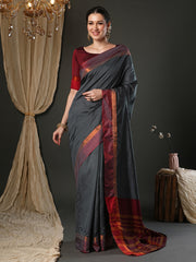 Women's Aura Silk Grey Woven Design Designer Saree With Blouse Piece