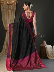 Women's Aura Silk Black Woven Design Designer Saree With Blouse Piece