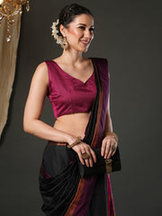 Women's Aura Silk Black Woven Design Designer Saree With Blouse Piece