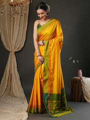 Women's Aura Silk Yellow Woven Design Designer Saree With Blouse Piece