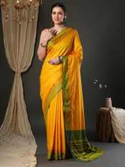 Women's Aura Silk Yellow Woven Design Designer Saree With Blouse Piece