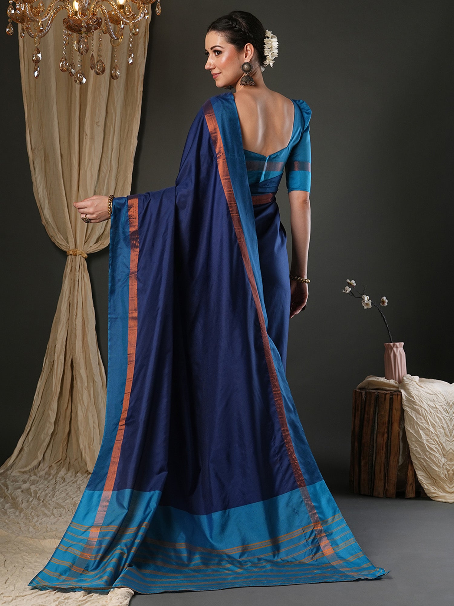 Women's Aura Silk Navy Blue Woven Design Designer Saree With Blouse Piece