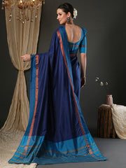 Women's Aura Silk Navy Blue Woven Design Designer Saree With Blouse Piece